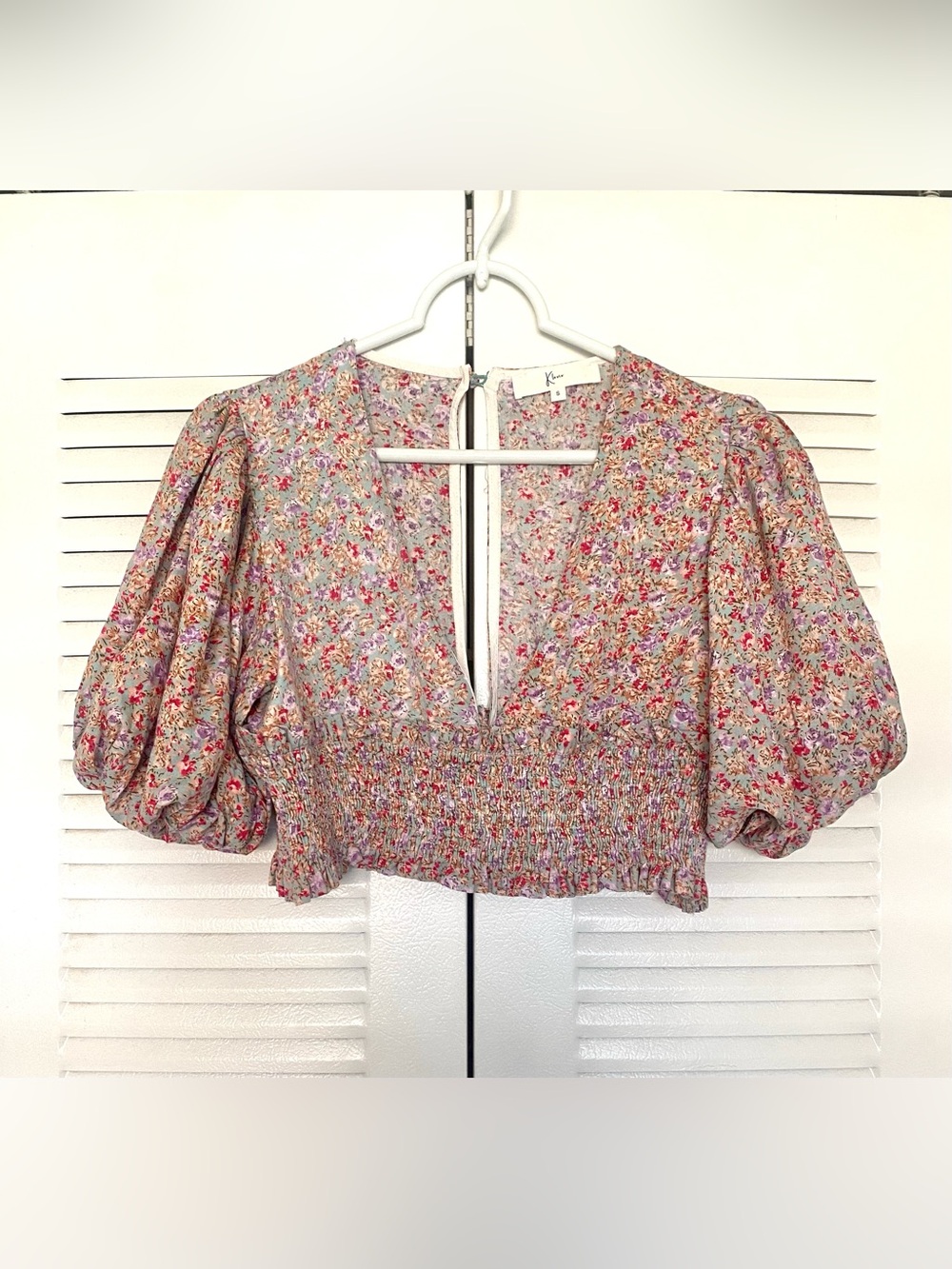 Klesis Floral Puff Sleeve Crop Top Smocked Cottagecore Coquette S - Picture 2 of 9
